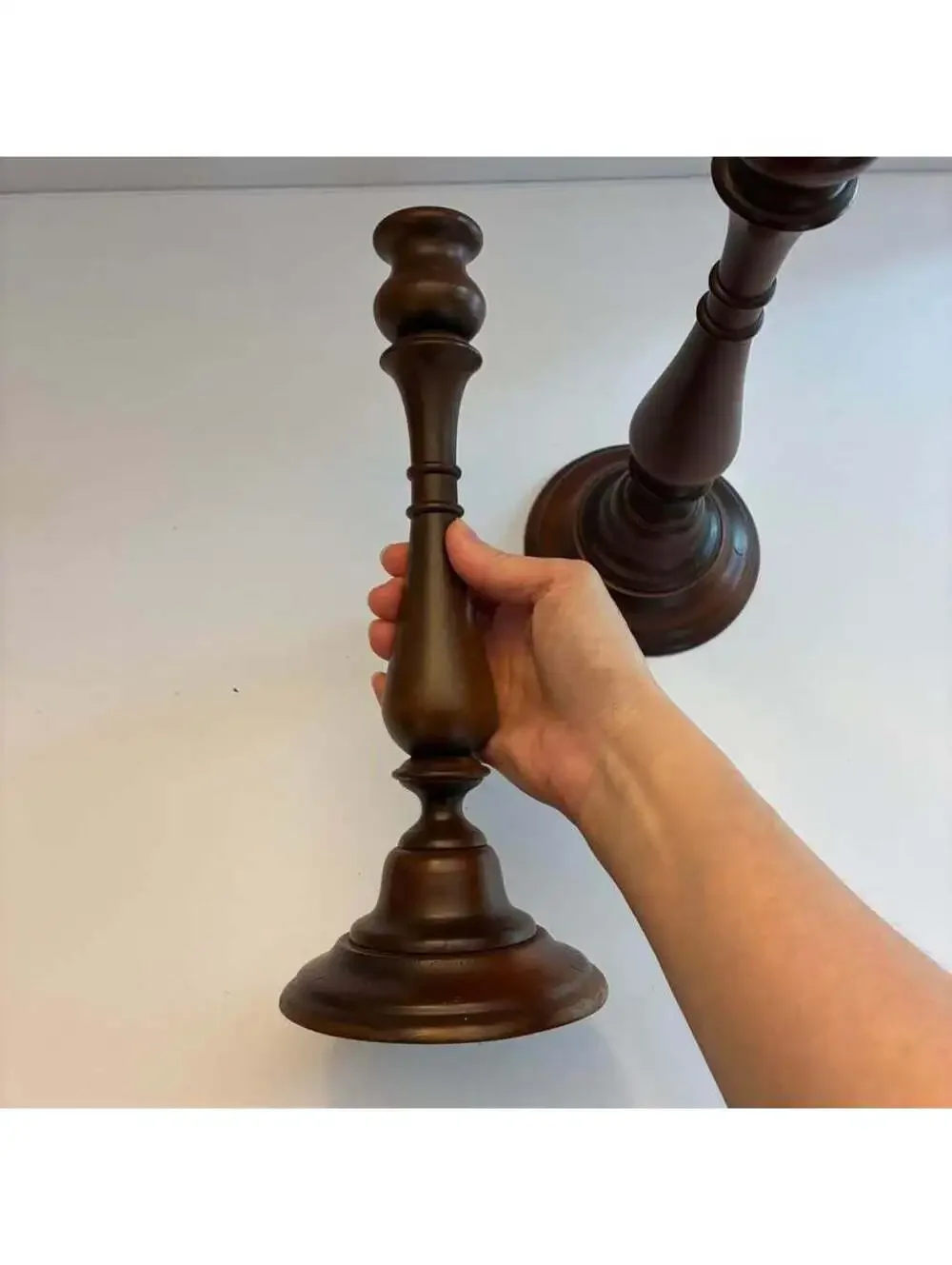 Pair Vintage Turned Wood Candlestick Holders Dark Wood Taper Candle Stands